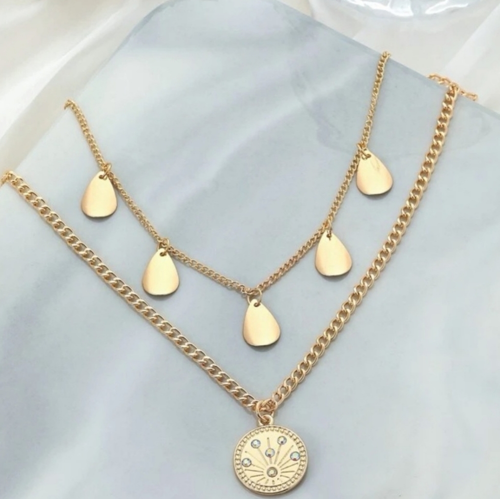 Chic Gold Layered Rhinestone Charm Necklace